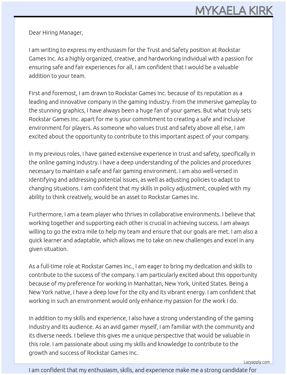 Trust and Safety At Rockstar Games Inc Cover Letter