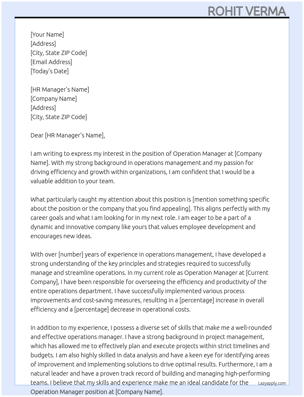 Operation Manager  At Any company  Cover Letter