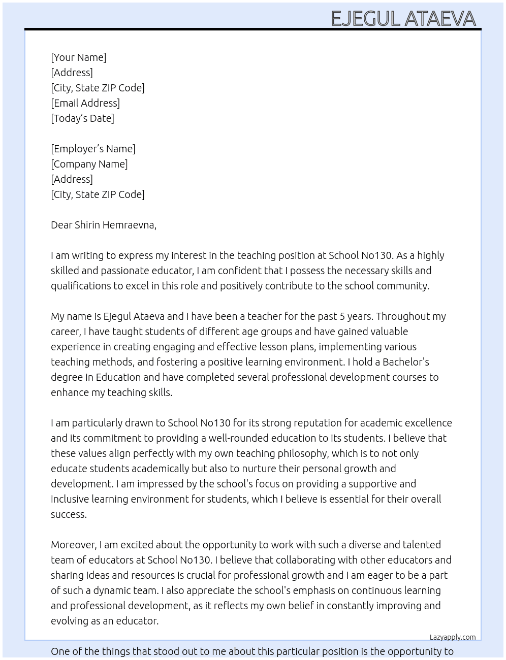 teacher At school no130 Cover Letter