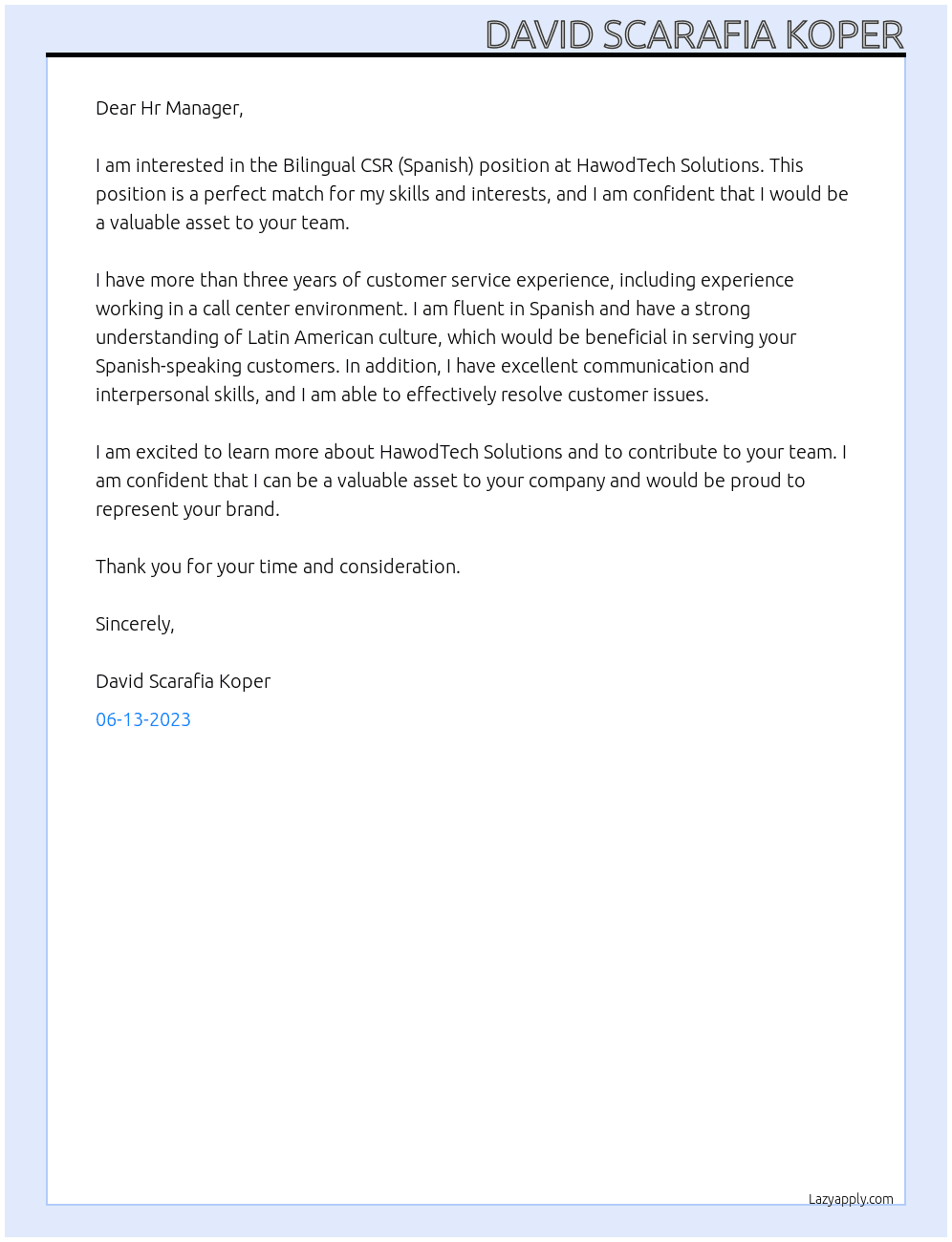 Bilingual CSR (Spanish) At HawodTech Solutions Cover Letter