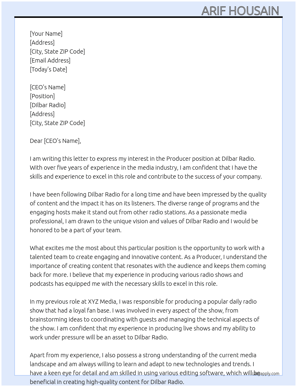Producer At Dilbar Radio Cover Letter