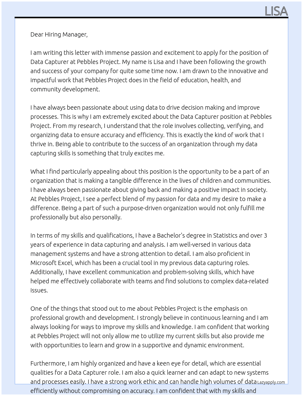 Data Capturer At Pebbles Project Cover Letter
