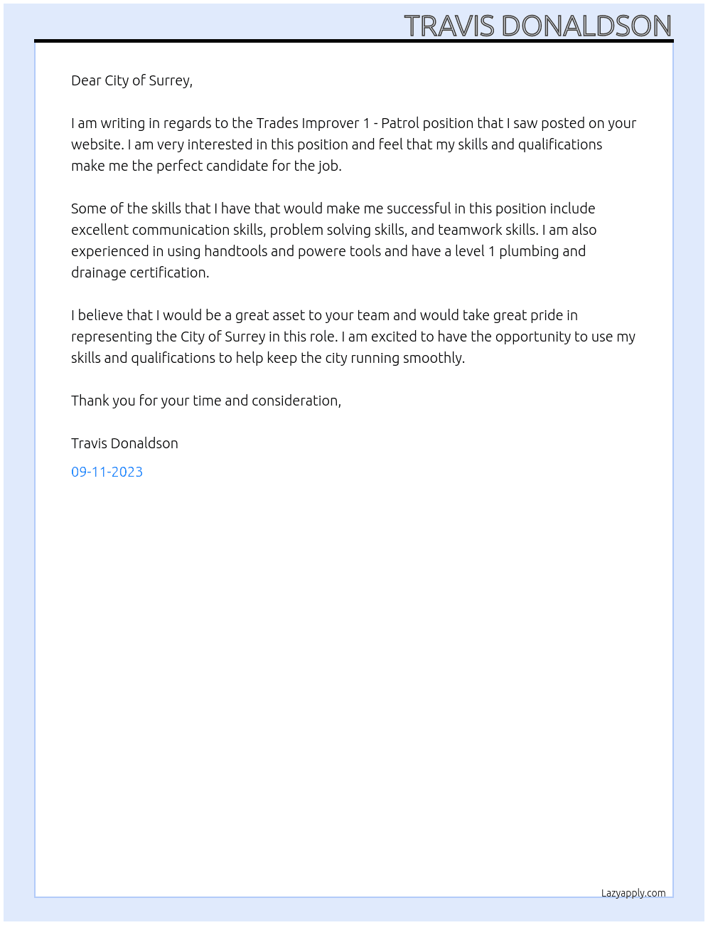Trades Improver 1 - Patrol At City of Surrey  Cover Letter