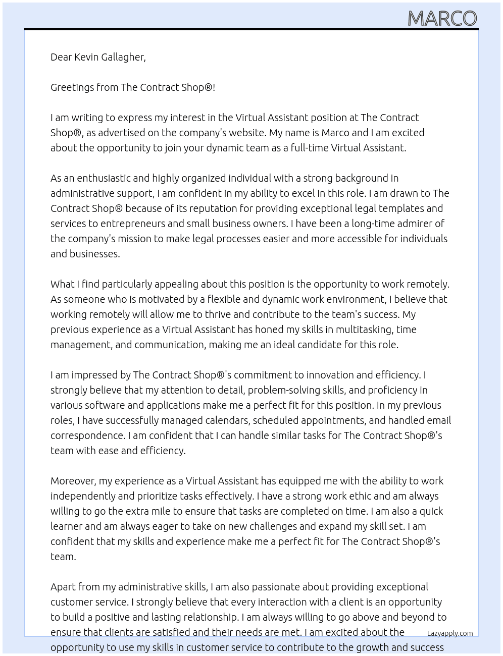 Virtual Assistant At The Contract Shop® Cover Letter