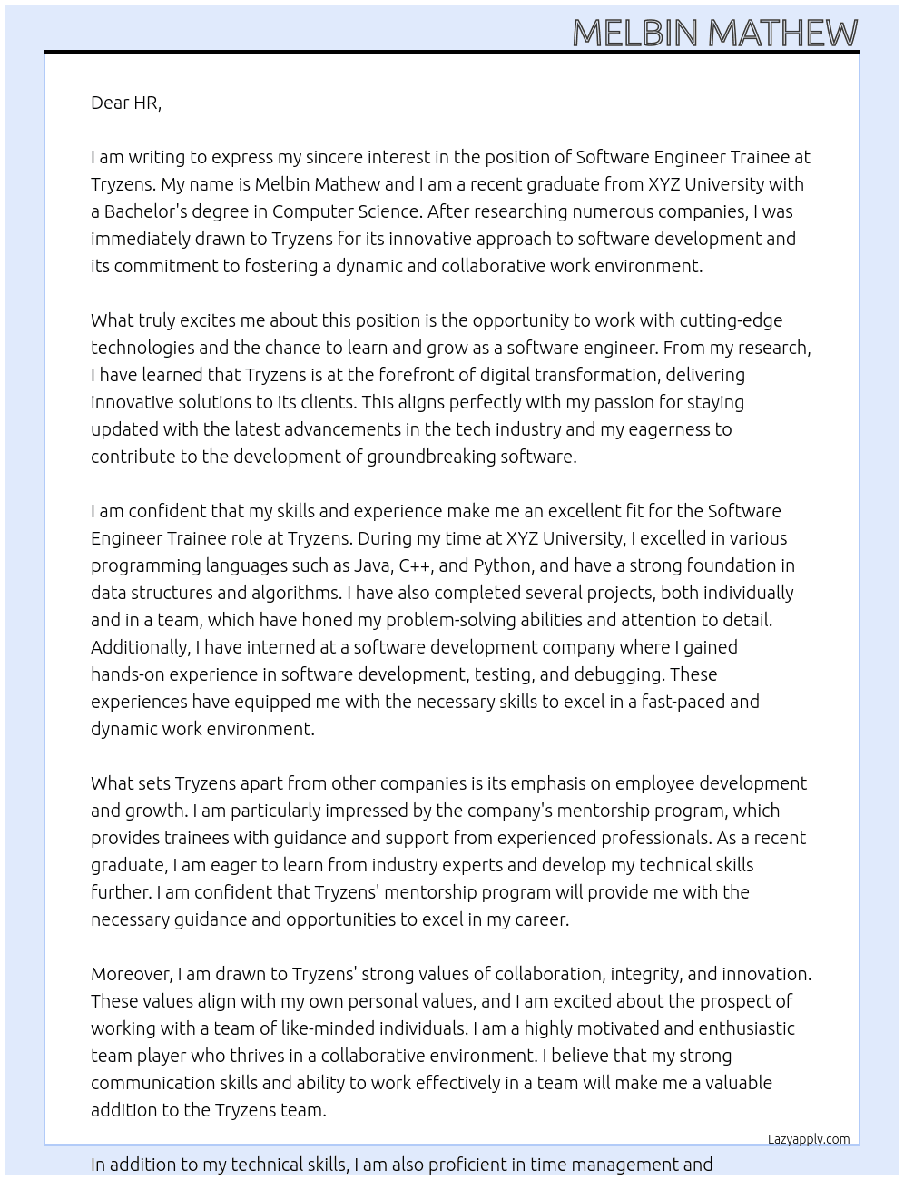 Software engineer trainee At Tryzens Cover Letter