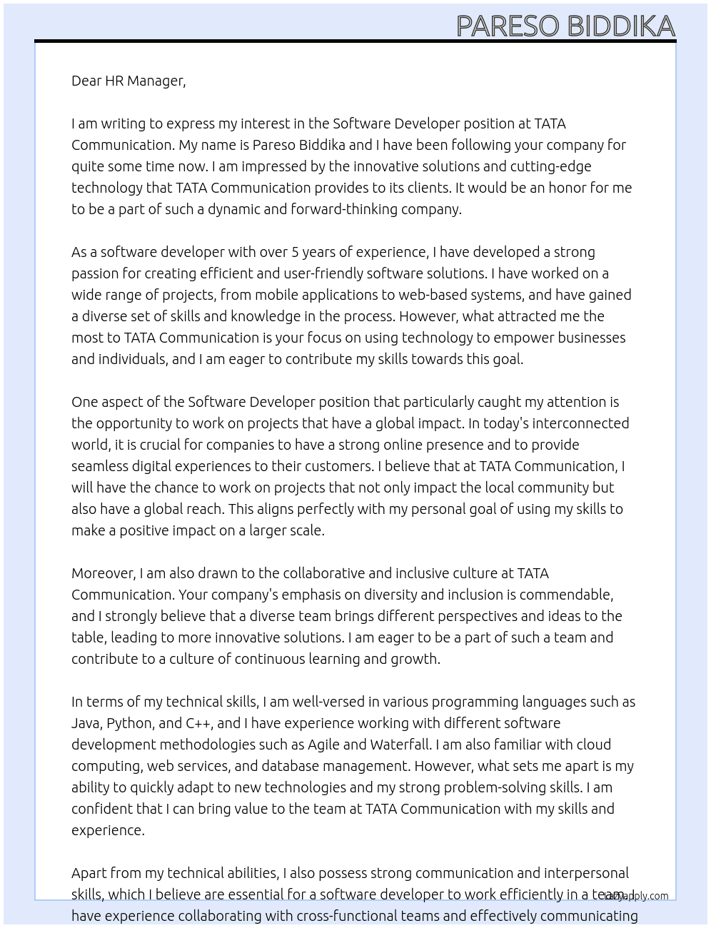 software developer At TATA communication Cover Letter