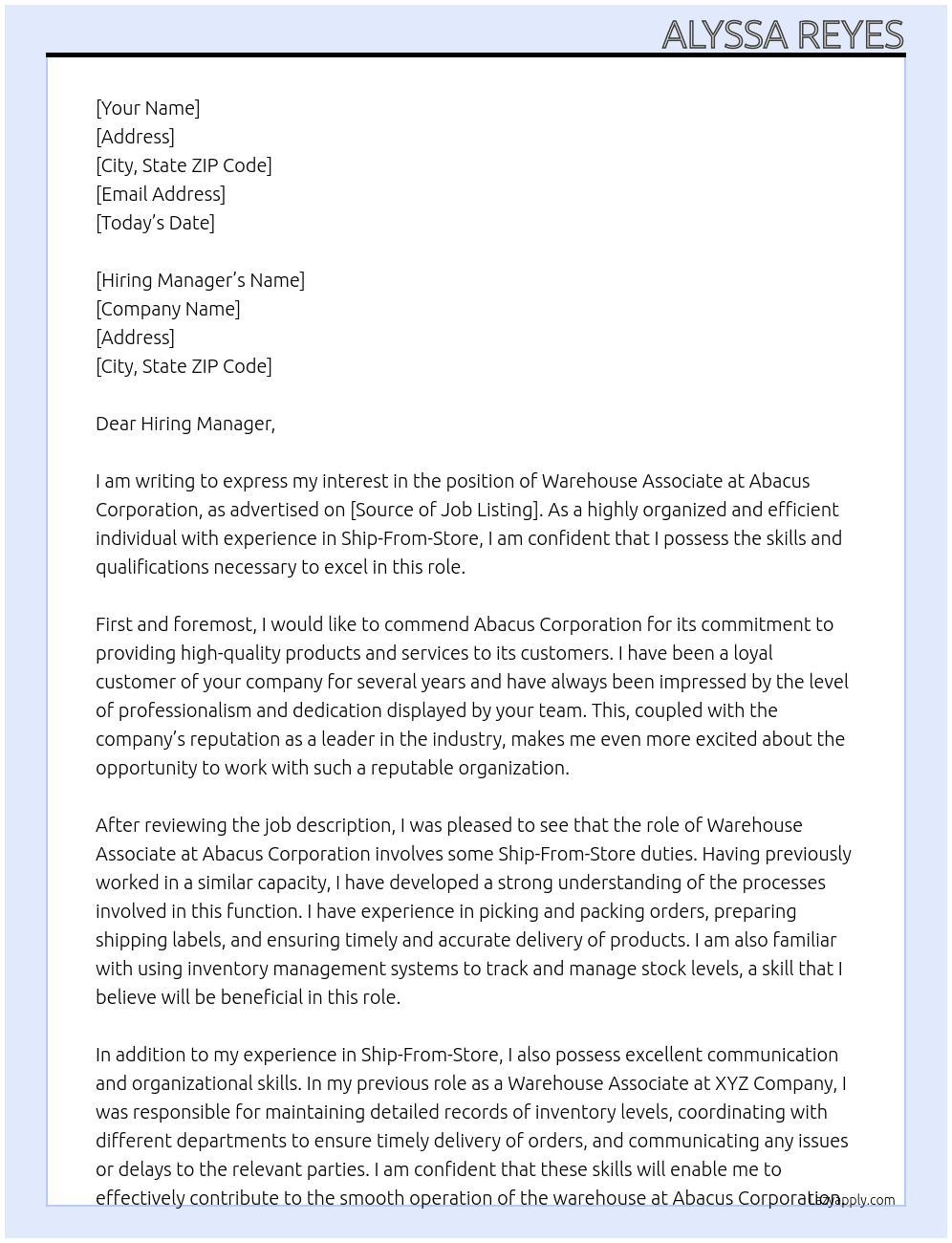 Warehouse Associate At Abacus Corporation Cover Letter