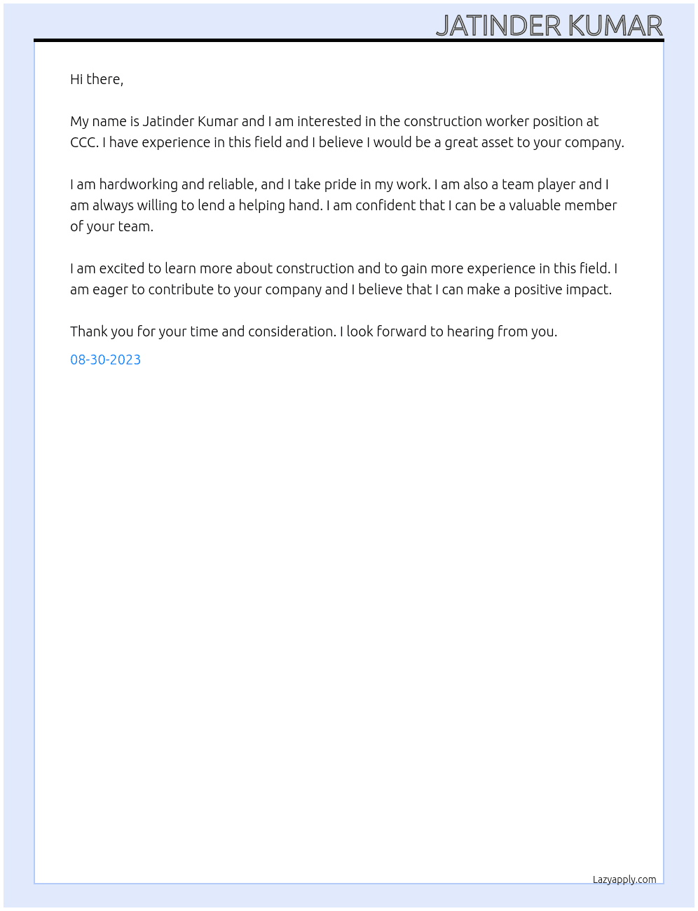 Construction worker  At CCC  Cover Letter