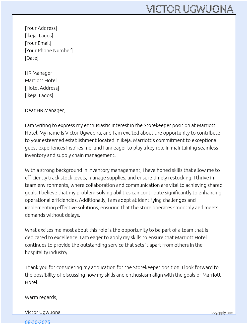 Storekeeper  At Marriot Hotel  Cover Letter