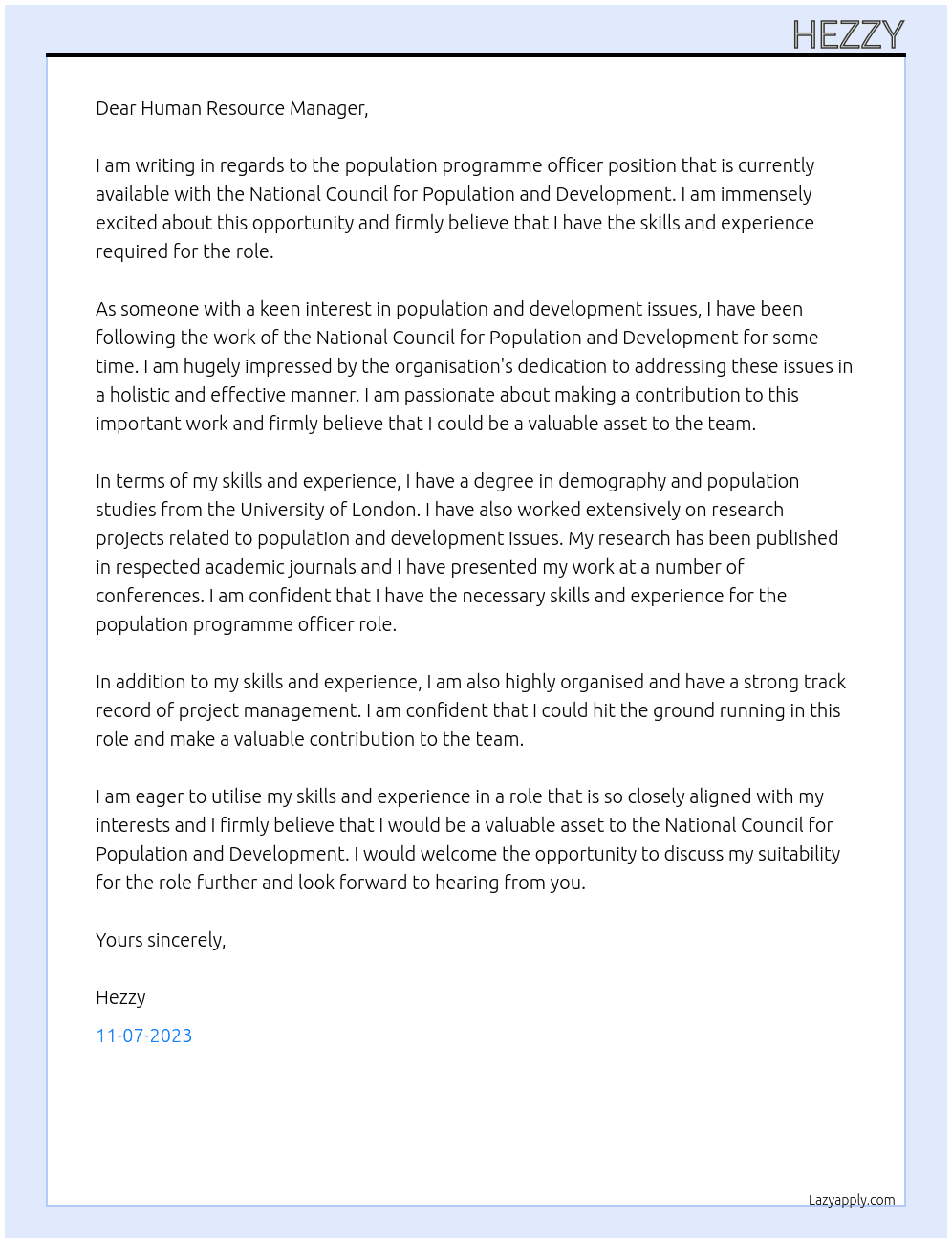 Population programme officer At National council for population and development Cover Letter