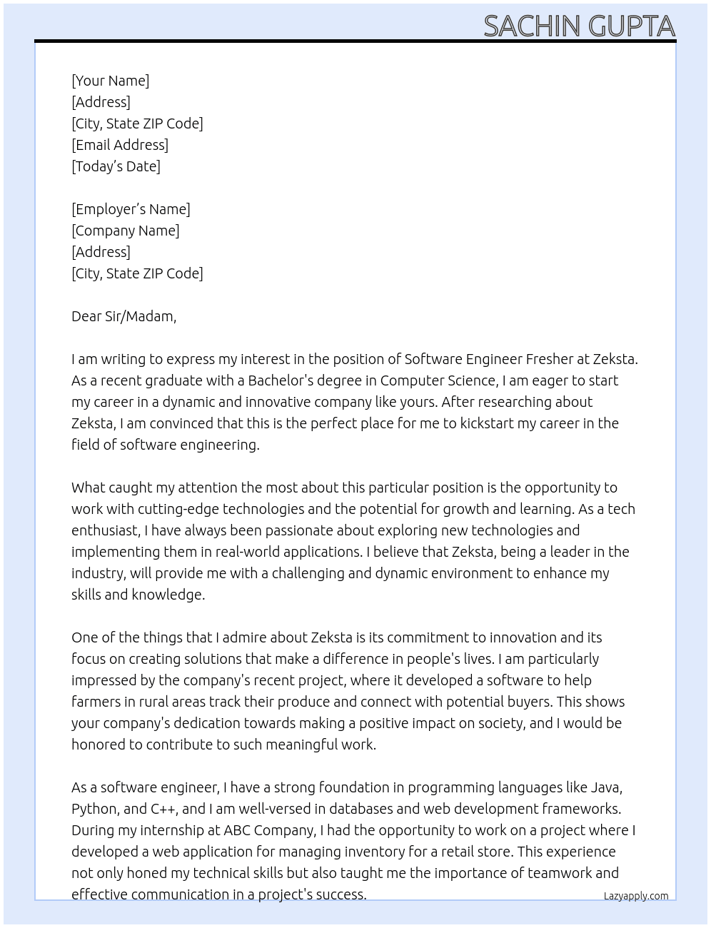 software engineer fresher At Zeksta Cover Letter