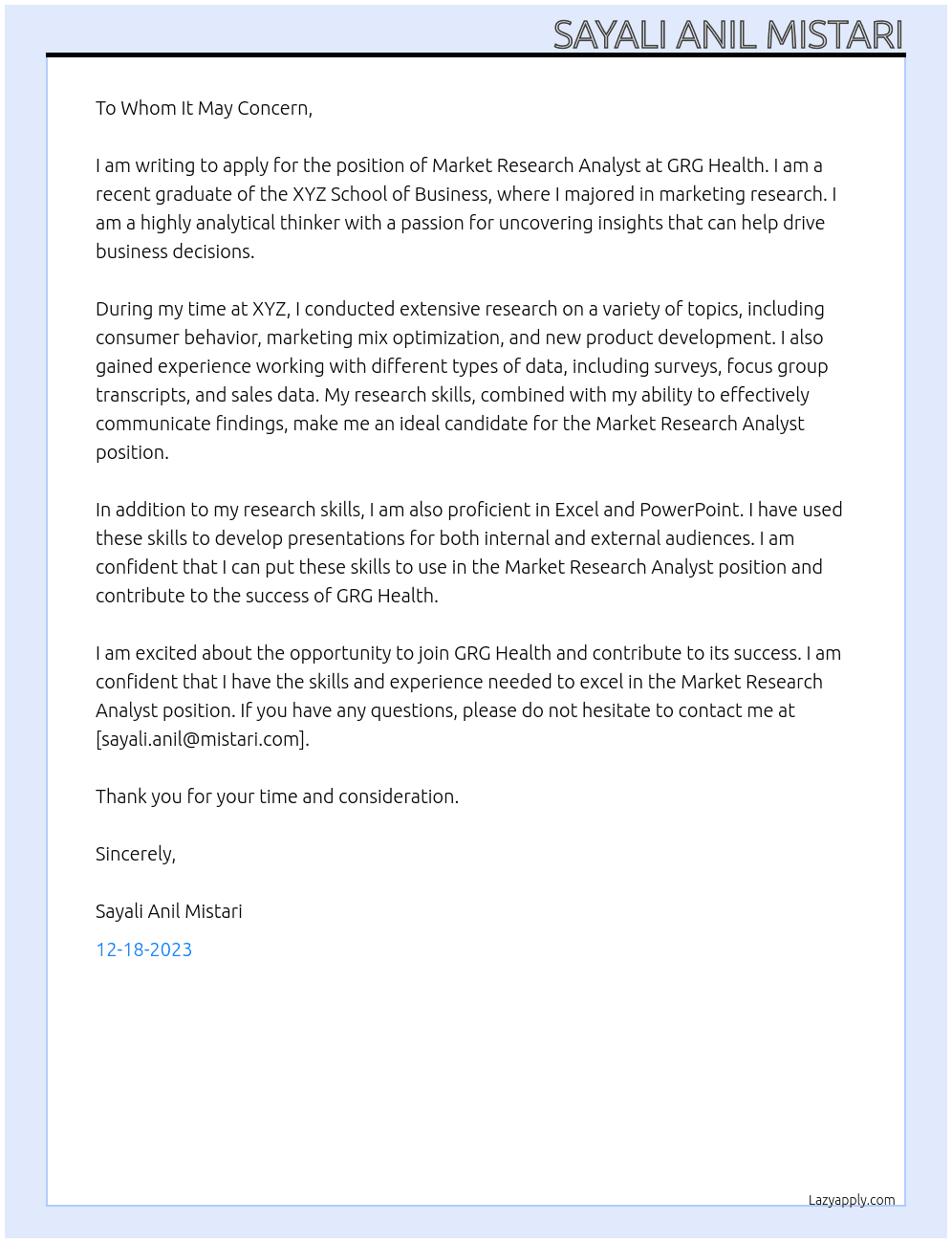 Market Research Analyst At GRG Health  Cover Letter