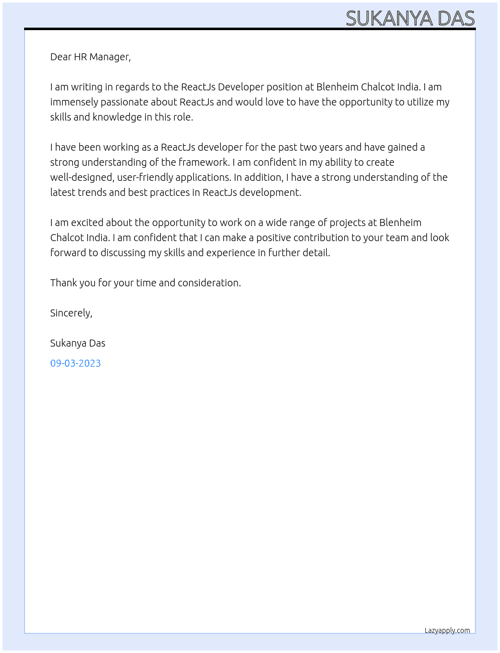 ReactJs Developer At Blenheim Chalcot India Cover Letter