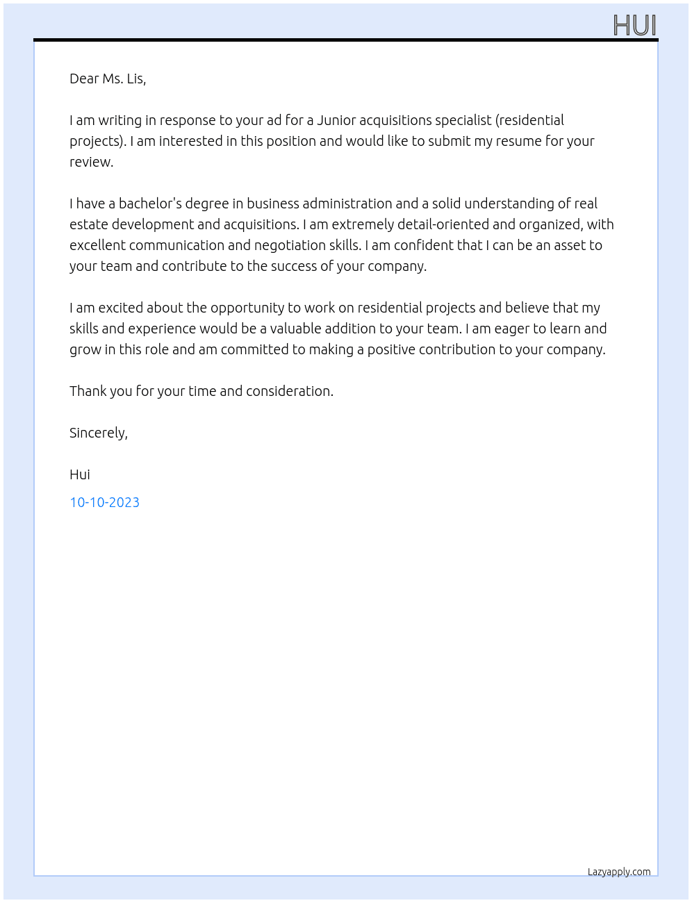 Junior acquisitions specialist (residential projects) At uio Cover Letter