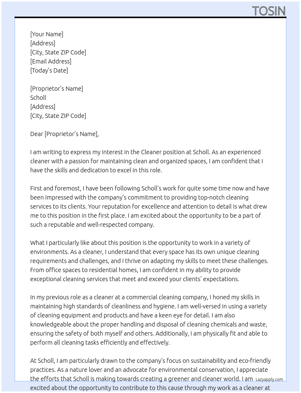 Cleaner At Scholl Cover Letter
