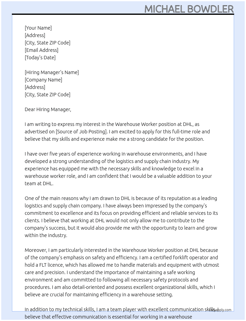 Warehouse Worker At DHL Cover Letter