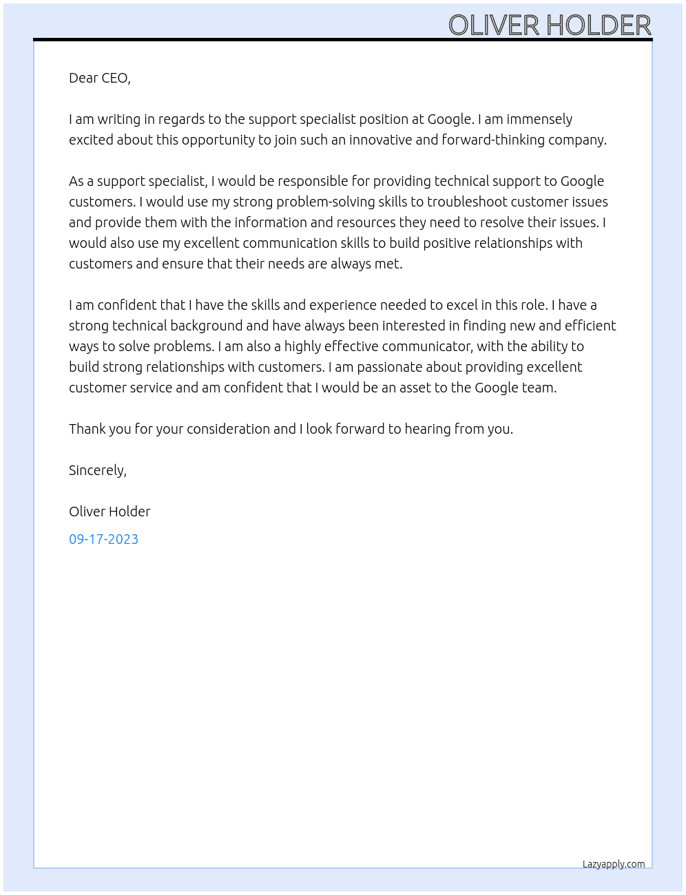 Support specialist  At Google Cover Letter
