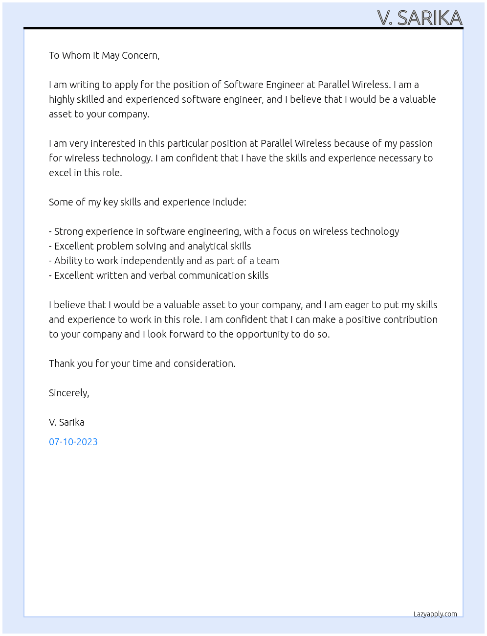 Software Engineer  At Parallel Wireless Cover Letter