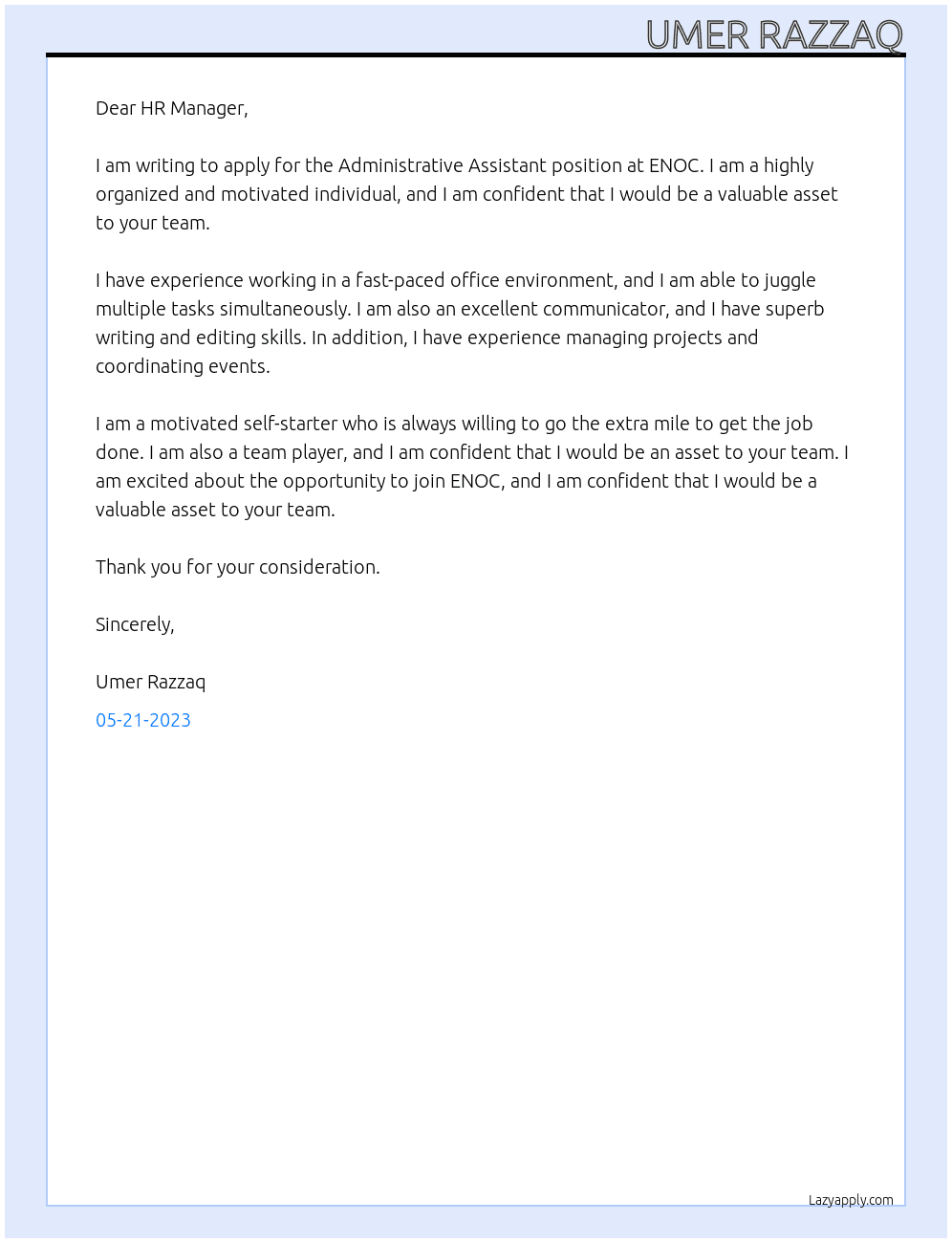 Administrative Assistant At ENOC Cover Letter