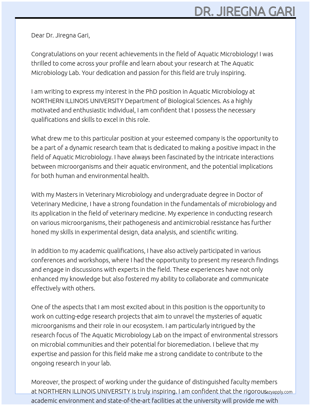 PhD in  Aquatic Microbiology at NORTHERN ILLINOIS UNIVERSITY Department of Biological Sciences At Phd studentship on Aquatic microbiology Cover Letter