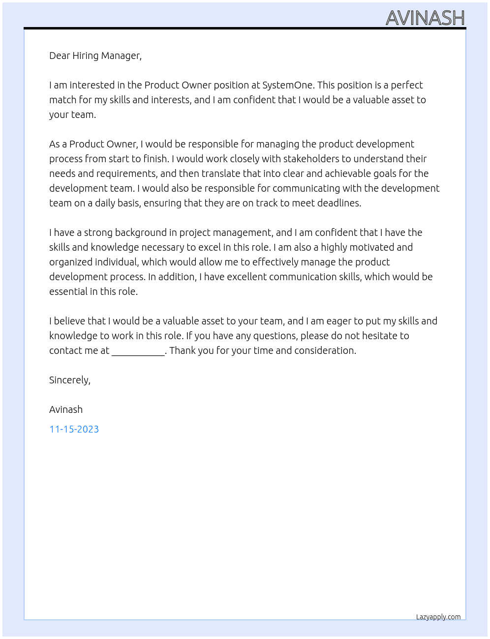 Product Owner At SystemOne Cover Letter