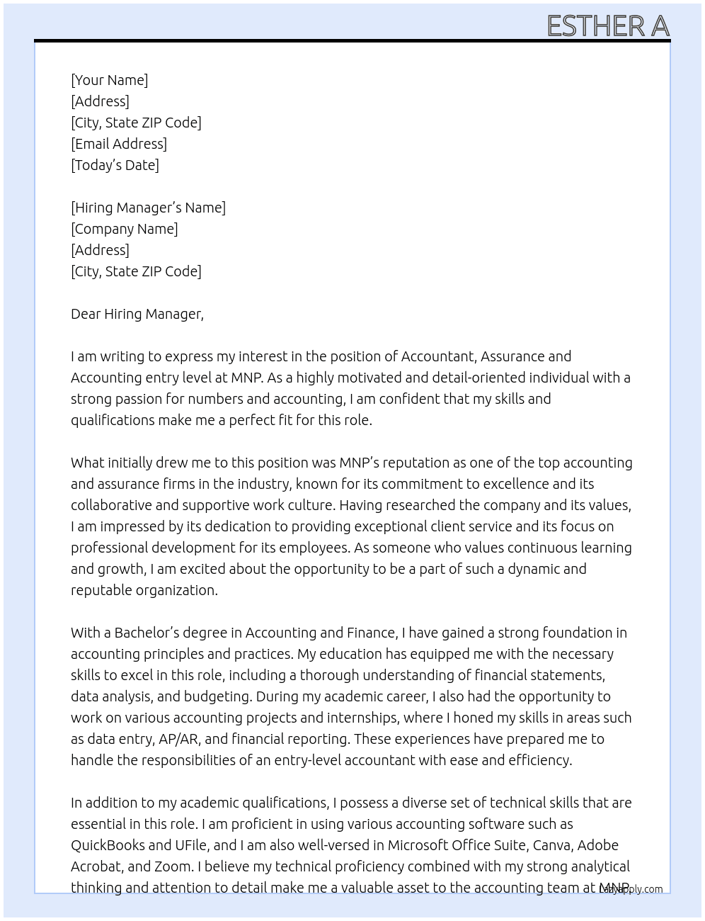 Accountant, Assurance and Accounting entry level At MNP Cover Letter