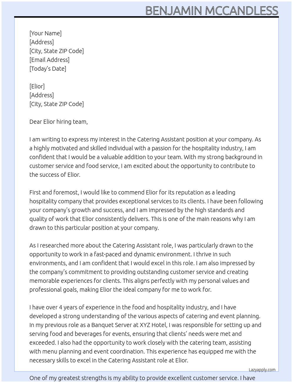 Catering Assistant At elior Cover Letter