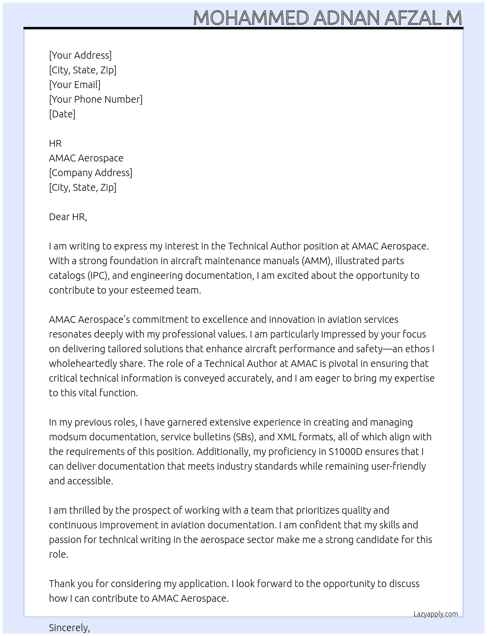 Technical Author At AMAC Aerospace Cover Letter