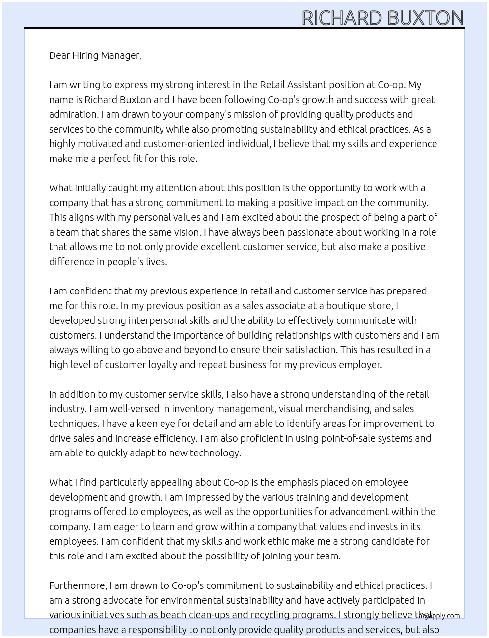 Retail Assistant At Co-op Cover Letter