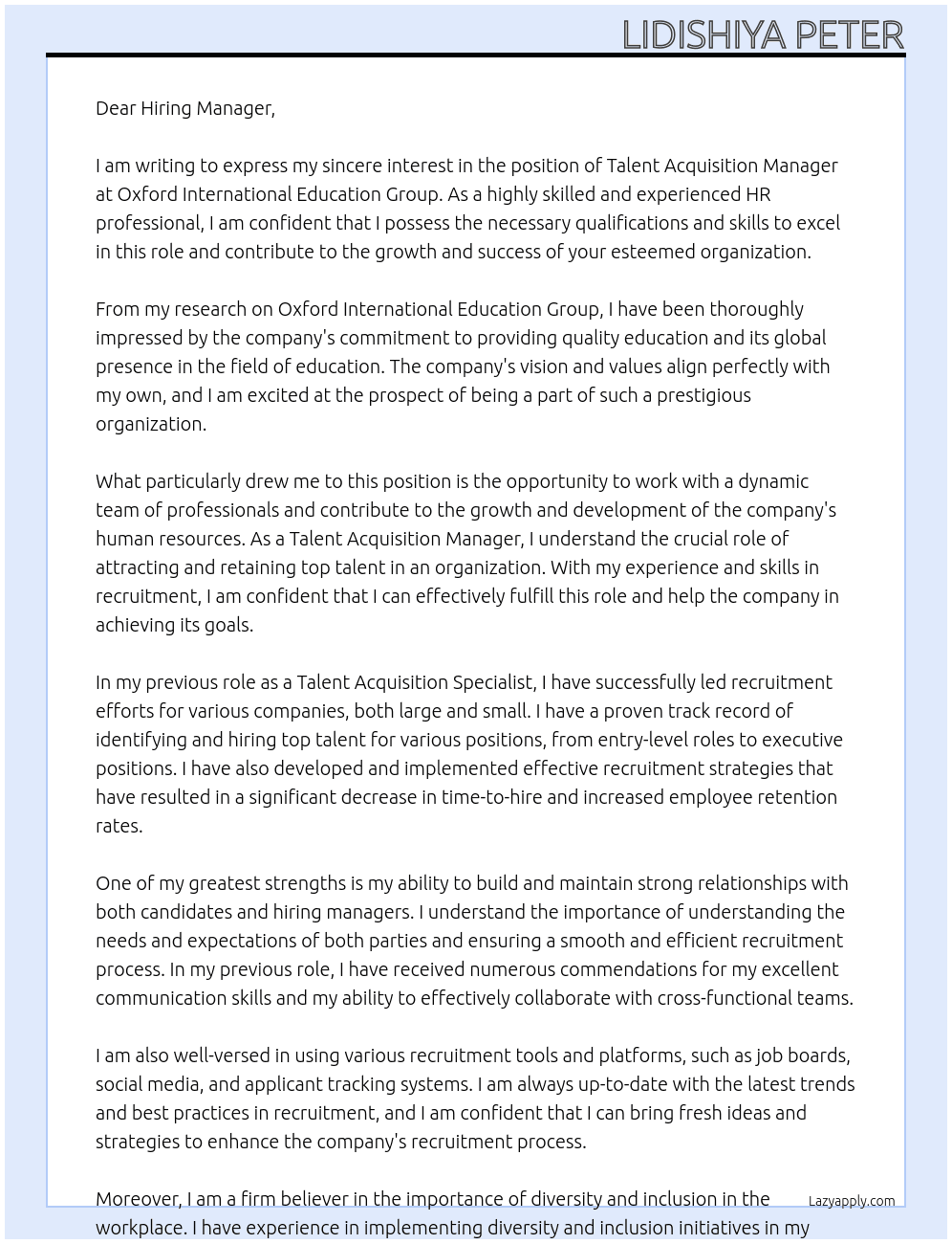 Cover letter for talent acquisition manager - LazyApply