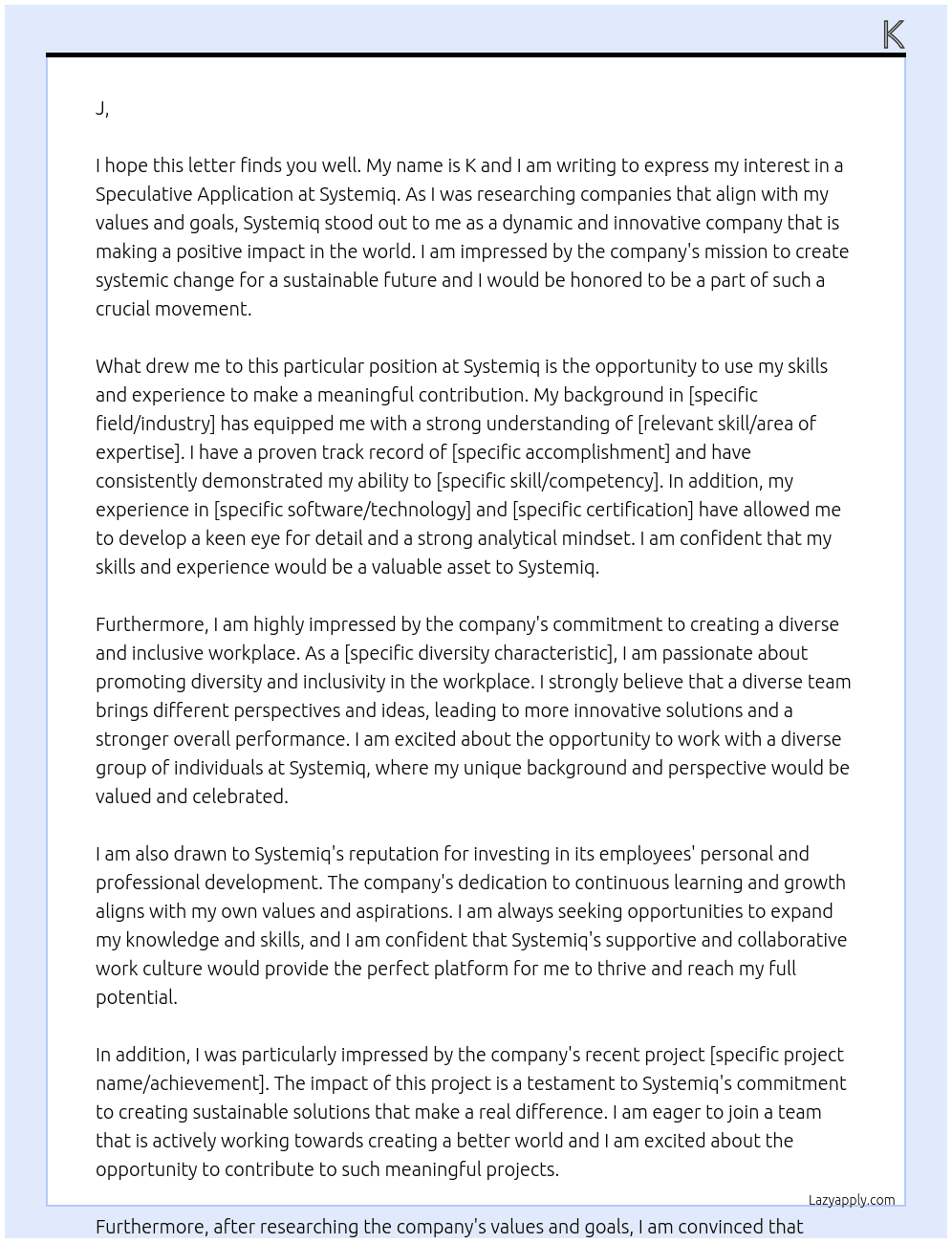 Speculative Application At Systemiq Cover Letter