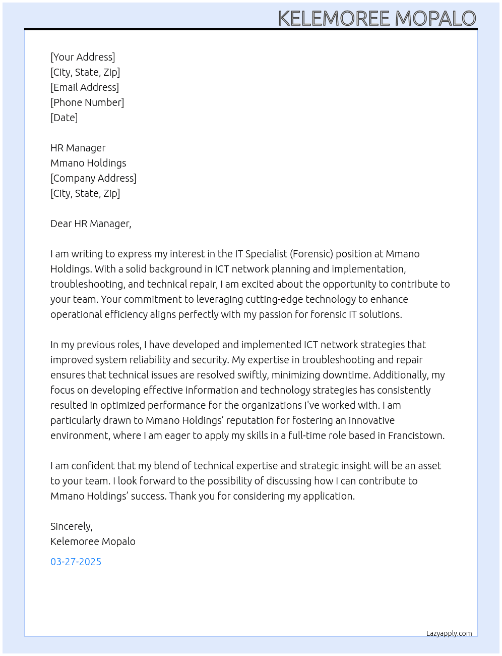 IT SPECIALIST (FORENSIC) At Mmano Holdings Cover Letter