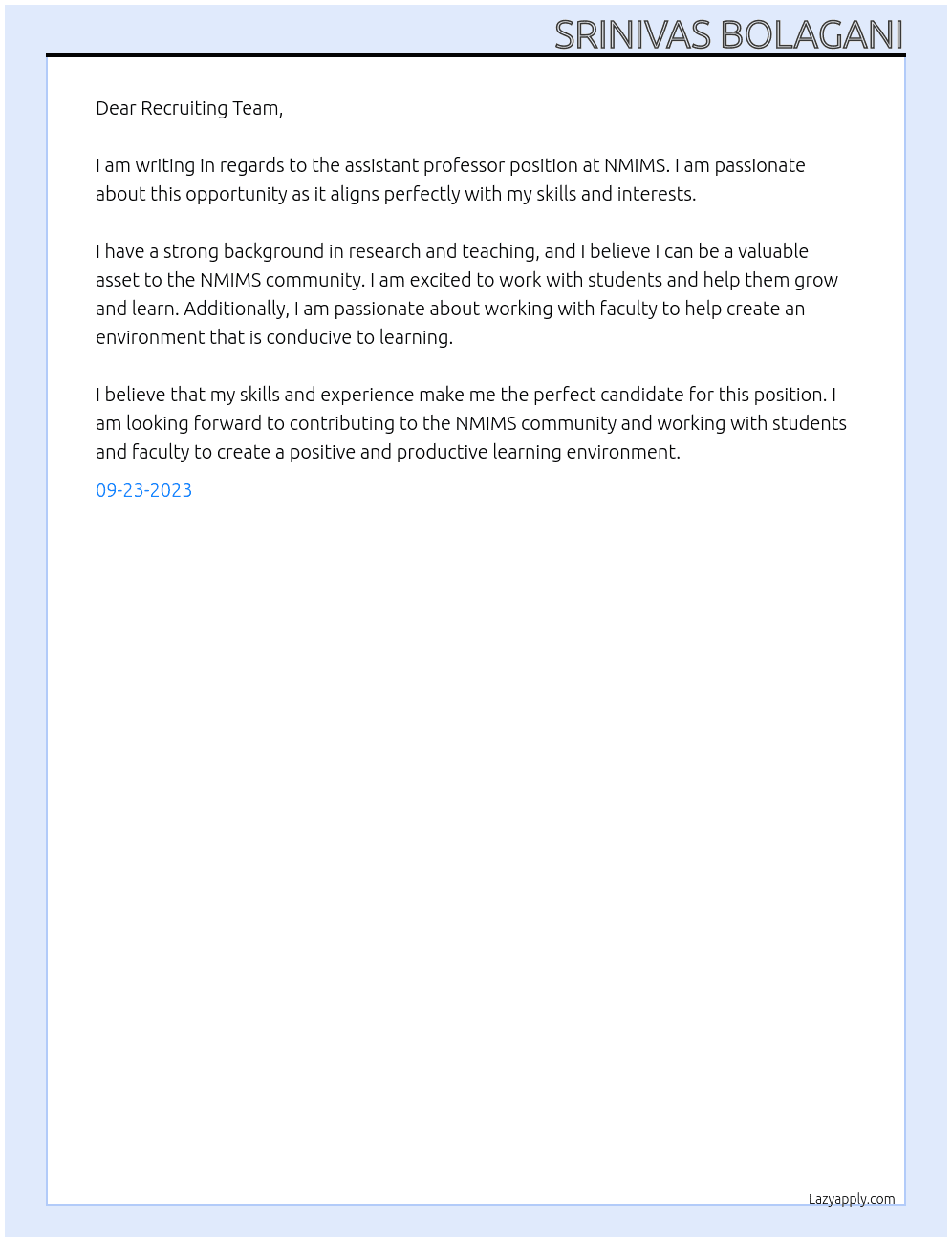 assistant professor At NMIMS Cover Letter