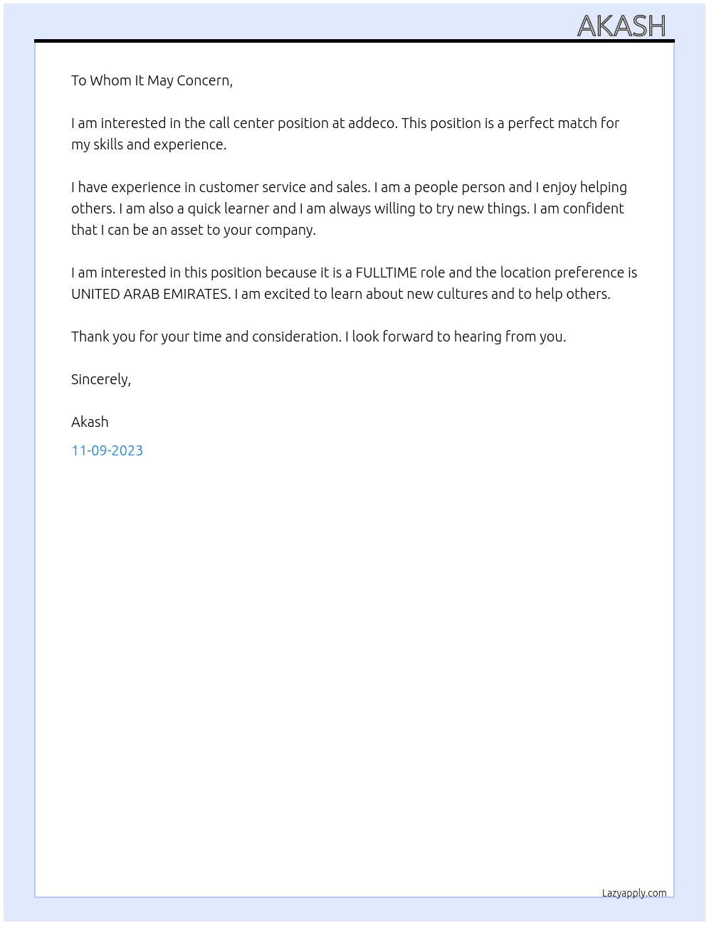 call center At addeco Cover Letter