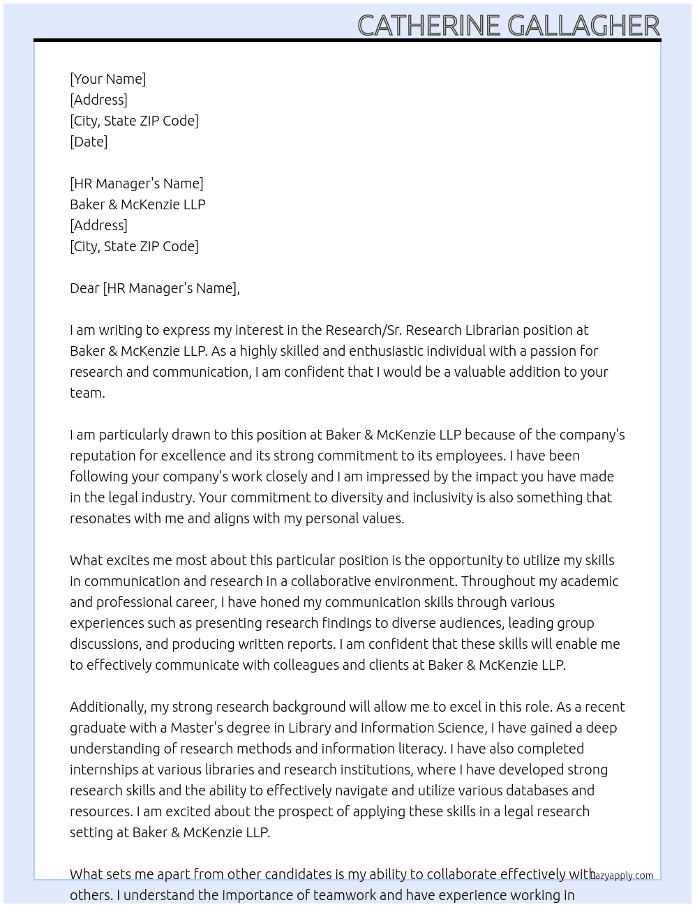 Research/Sr. Research Librarian At Baker & McKenzie LLP Cover Letter