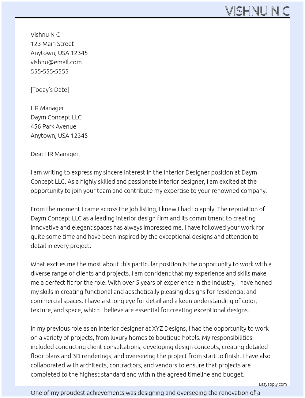interior designer At  Daym Concept LLC Cover Letter