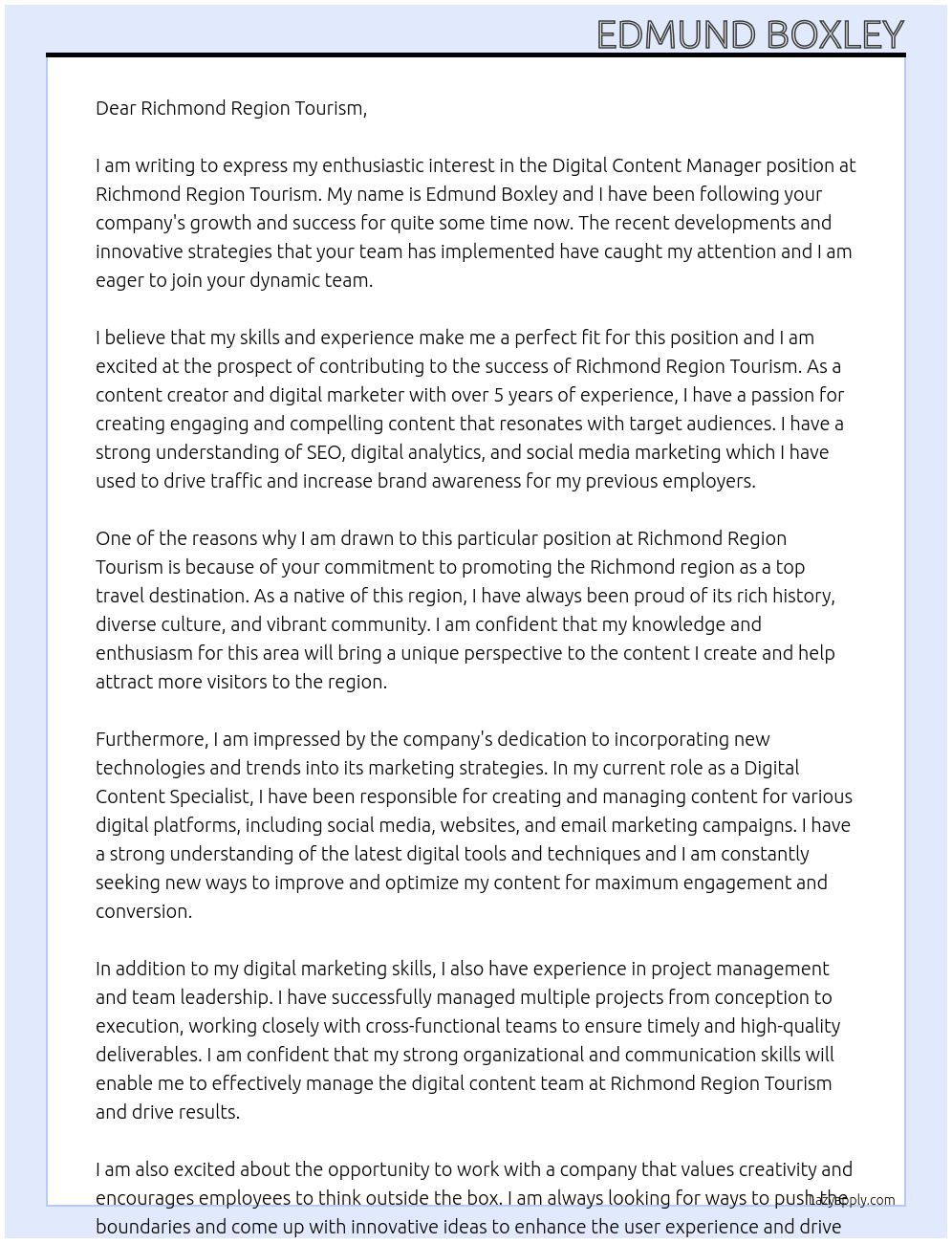 Digital Content Manager At Richmond Region Tourism Cover Letter