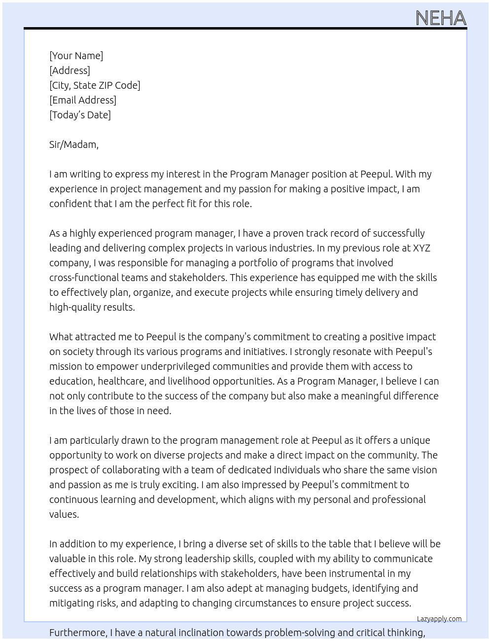 Program Manager At Peepul Cover Letter