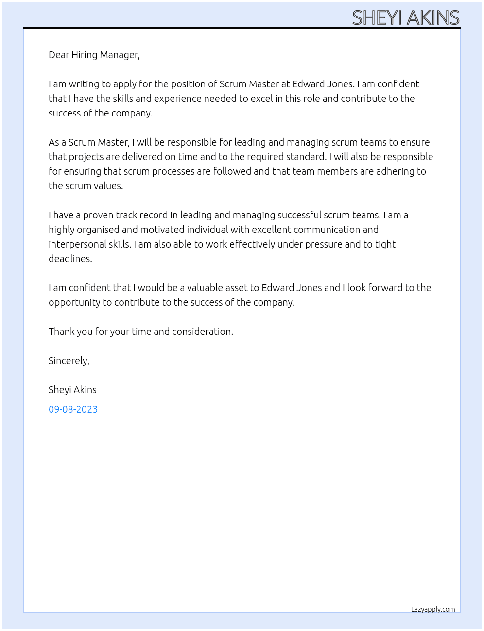 Scrum master At Edward jones Cover Letter