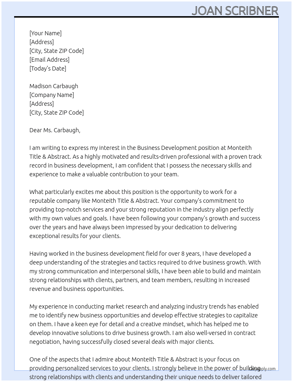 Business Development At Monteith Title & Abstract Cover Letter