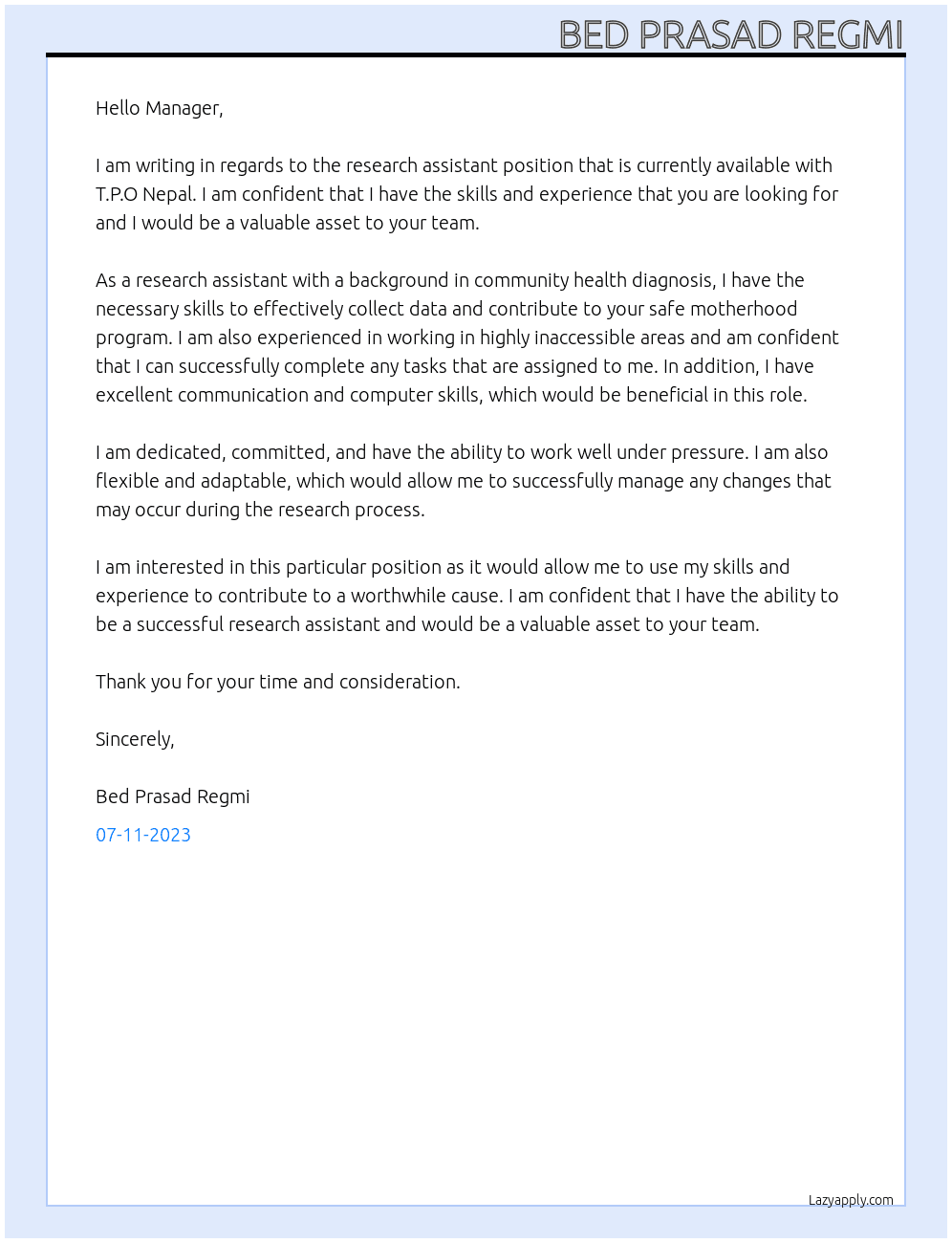 Research assistant At T.P.O Nepal Cover Letter