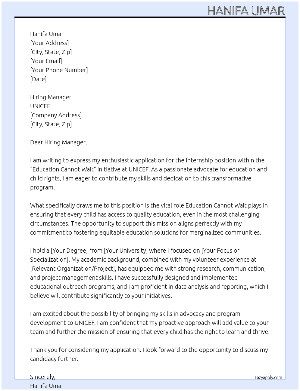 Cover letter for internship education cannot wait - LazyApply
