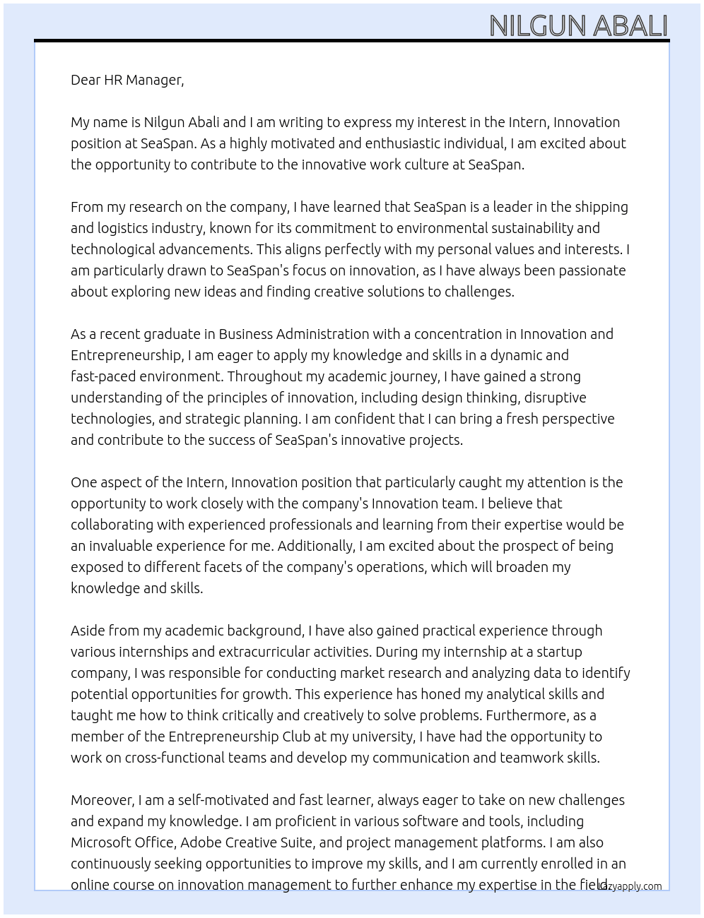 Intern, Innovation At SeaSpan Cover Letter