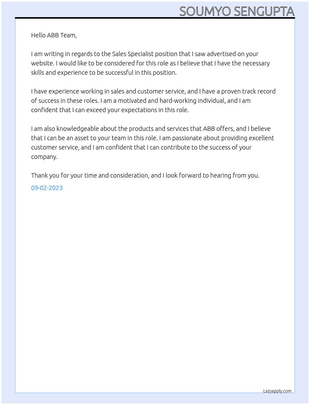 Sales Specialist At ABB Cover Letter