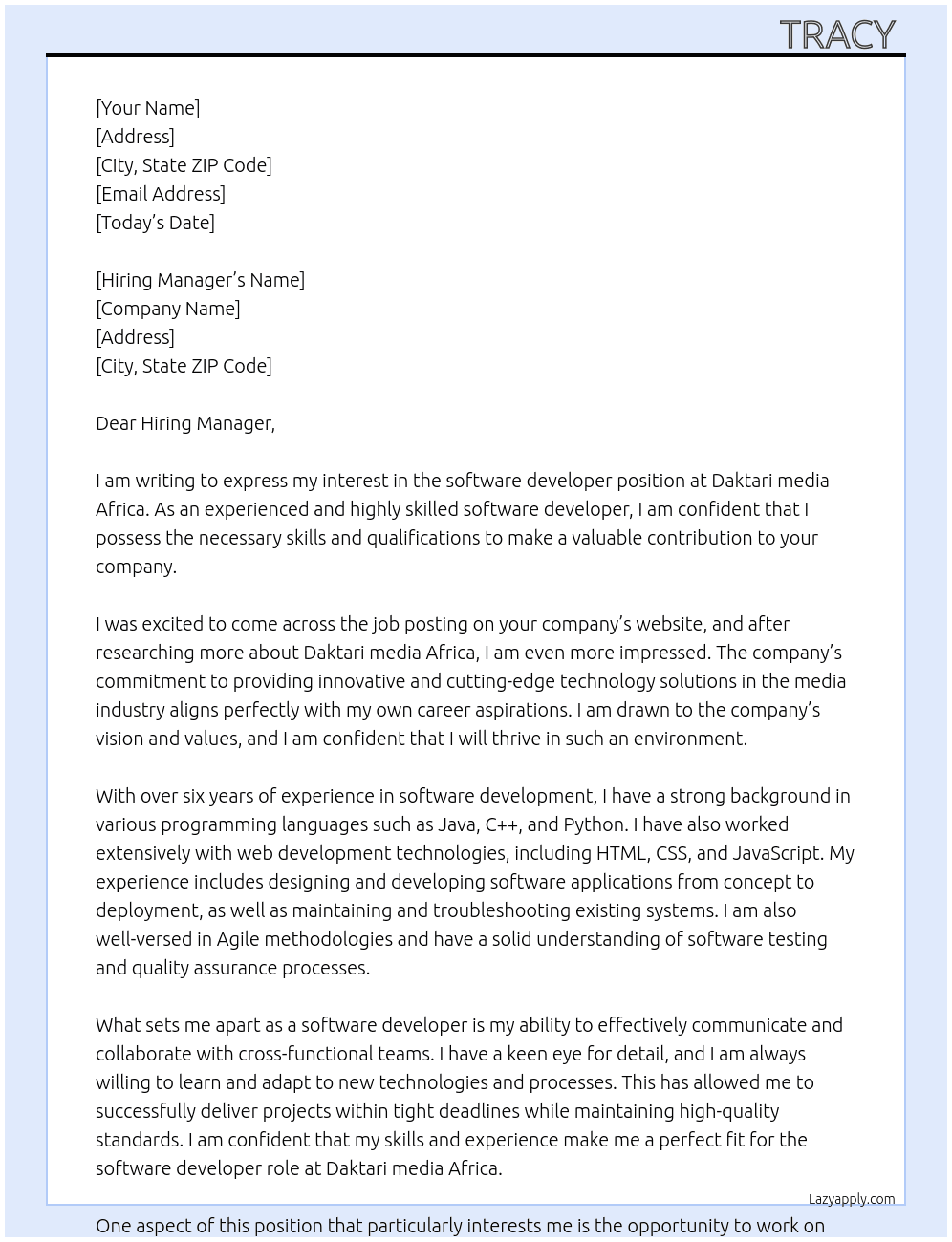 software developer At Daktari media africa Cover Letter