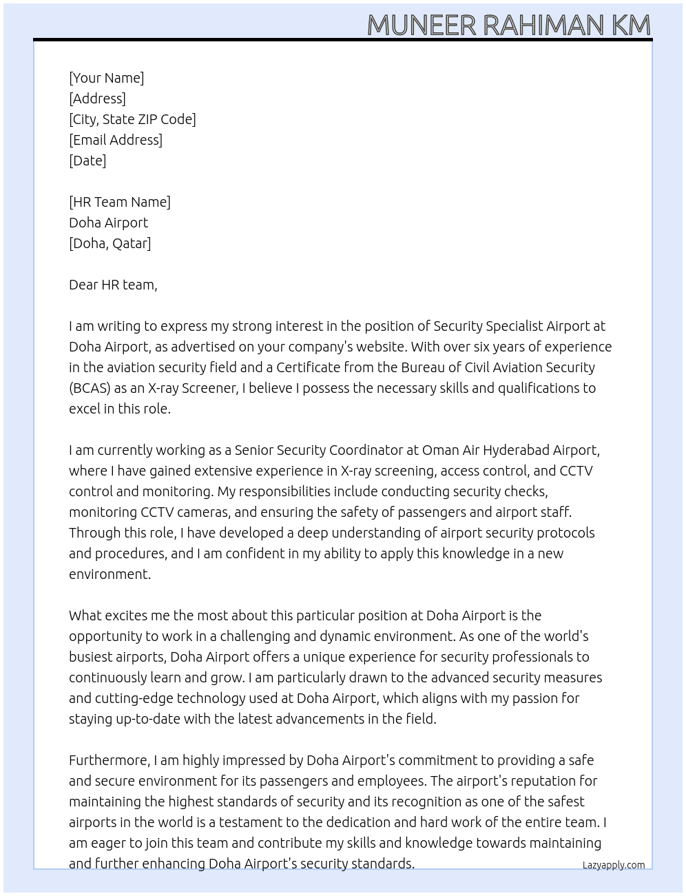 Security Specialist Airport At Doha airport  Cover Letter