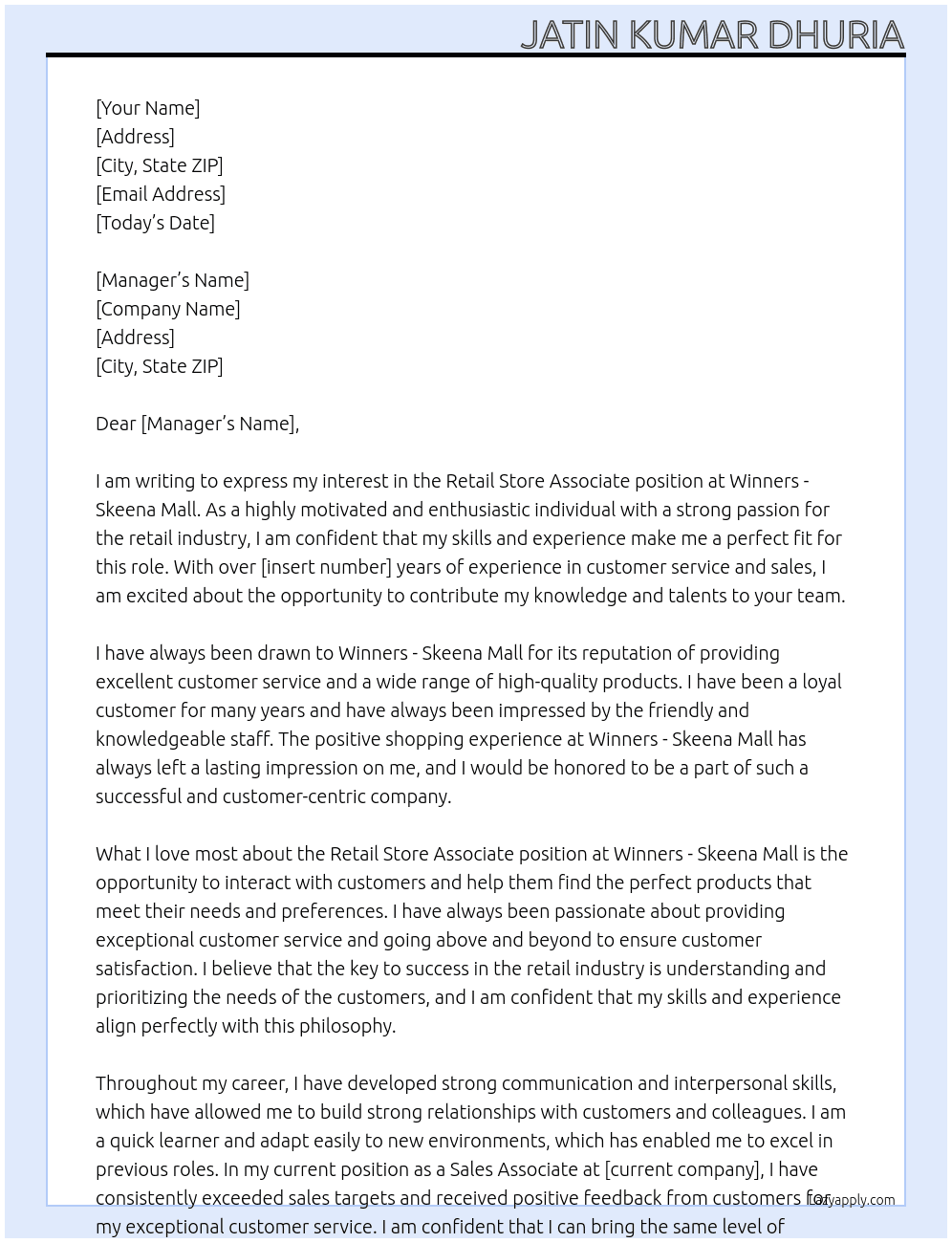 Retail Store Associate At Winners - Skeena Mall Cover Letter