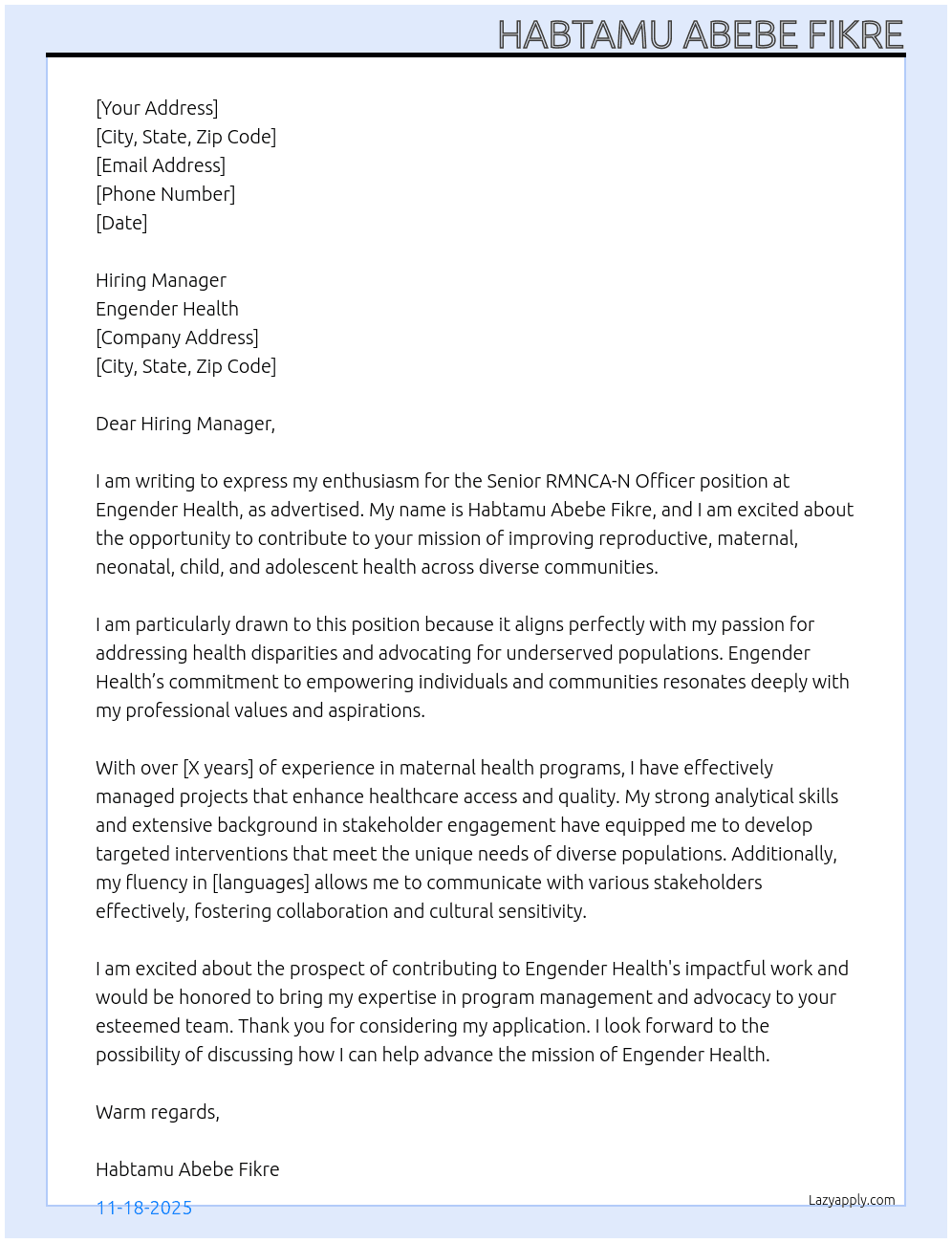 Senior RMNCA-N Officer  At Engender Health Cover Letter