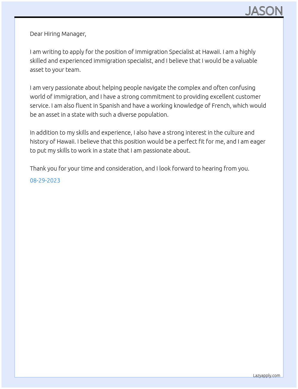 immigration specialist At Hawaii Cover Letter