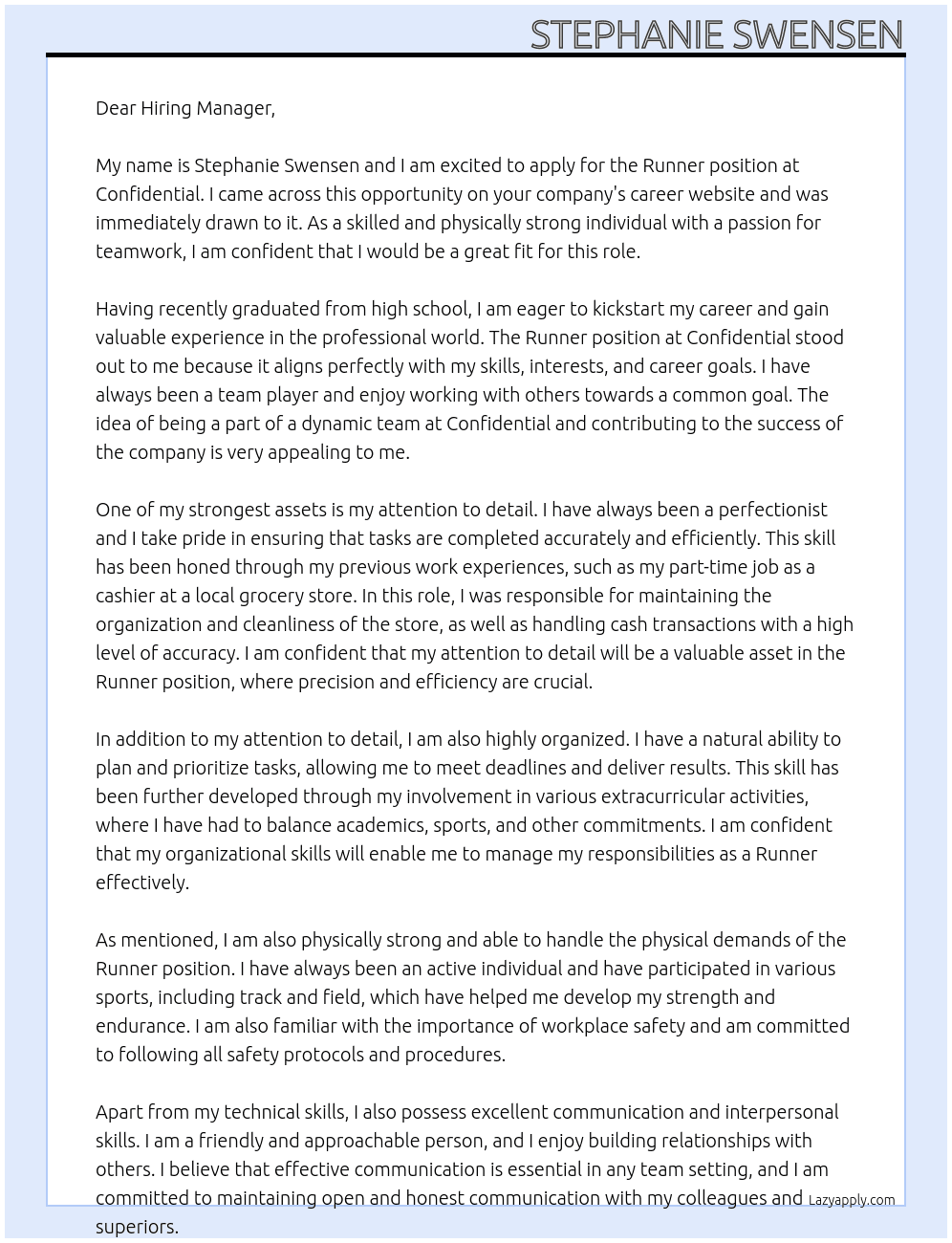 Runner At Confidential Cover Letter